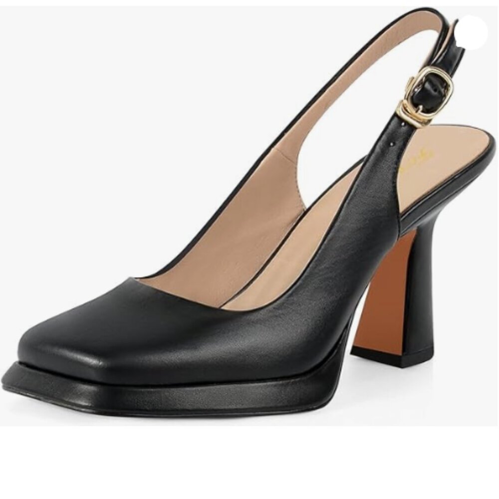 FOWT Women Platform Closed Square Toe Pumps High Heels Ankle Slingbacks Black